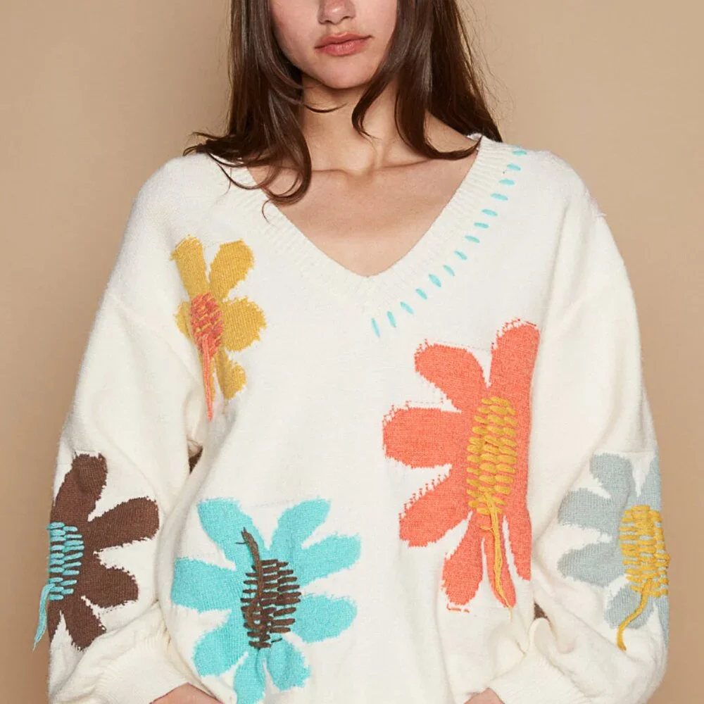 #102 POL V-Neck Balloon Sleeve Sweater - Picture 2 of 5